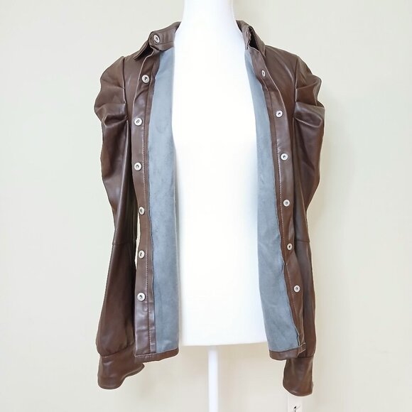 NWT 7 For All Mankind Vegan Faux Leather Puff Sleeve Top Brown Size Small - Picture 6 of 9